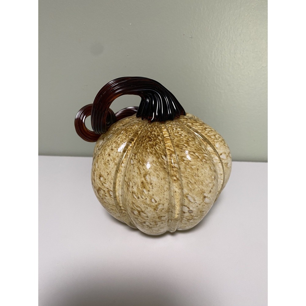 Hand blown Glass Pumpkin Neutrals Brown Amber Yellow Speckled Excellent! - Picture 5 of 8